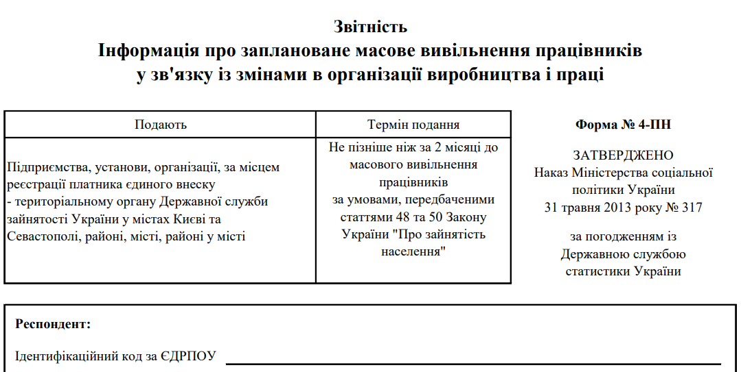 Інформація про заплановане масове вивільнення працівників у зв'язку із змінами в організації виробництва і праці. Форма № 4-ПН