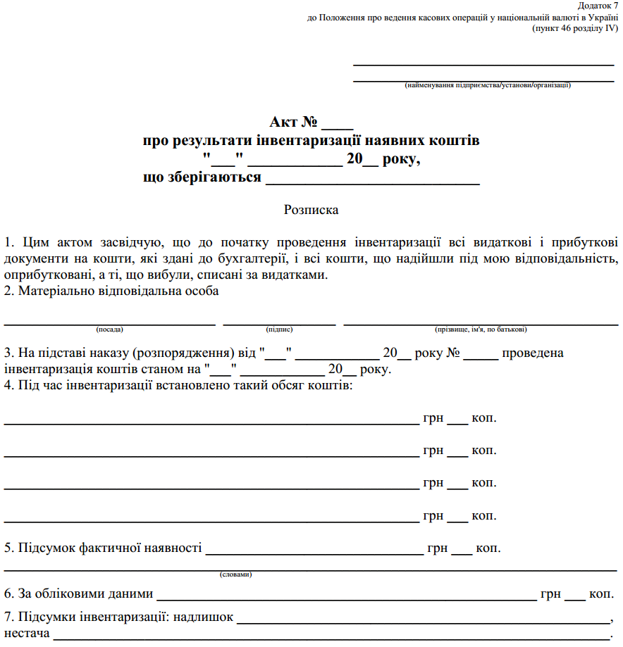 Акт про результати інвентаризації наявних коштів