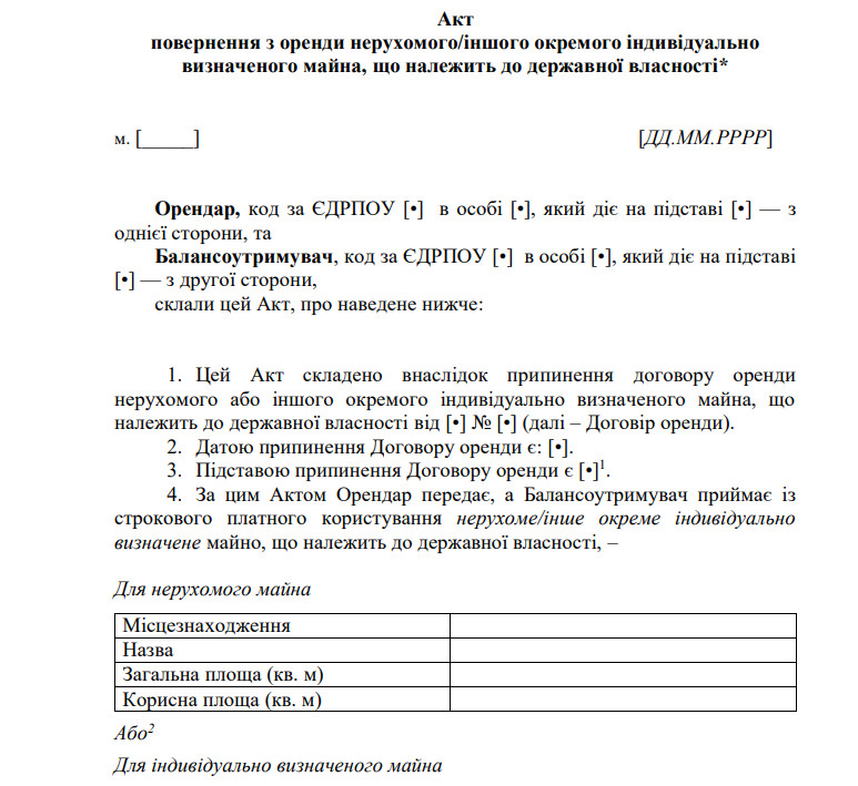 Акт повернення з оренди нерухомого/іншого окремого індивідуально визначеного майна, що належить до державної власності