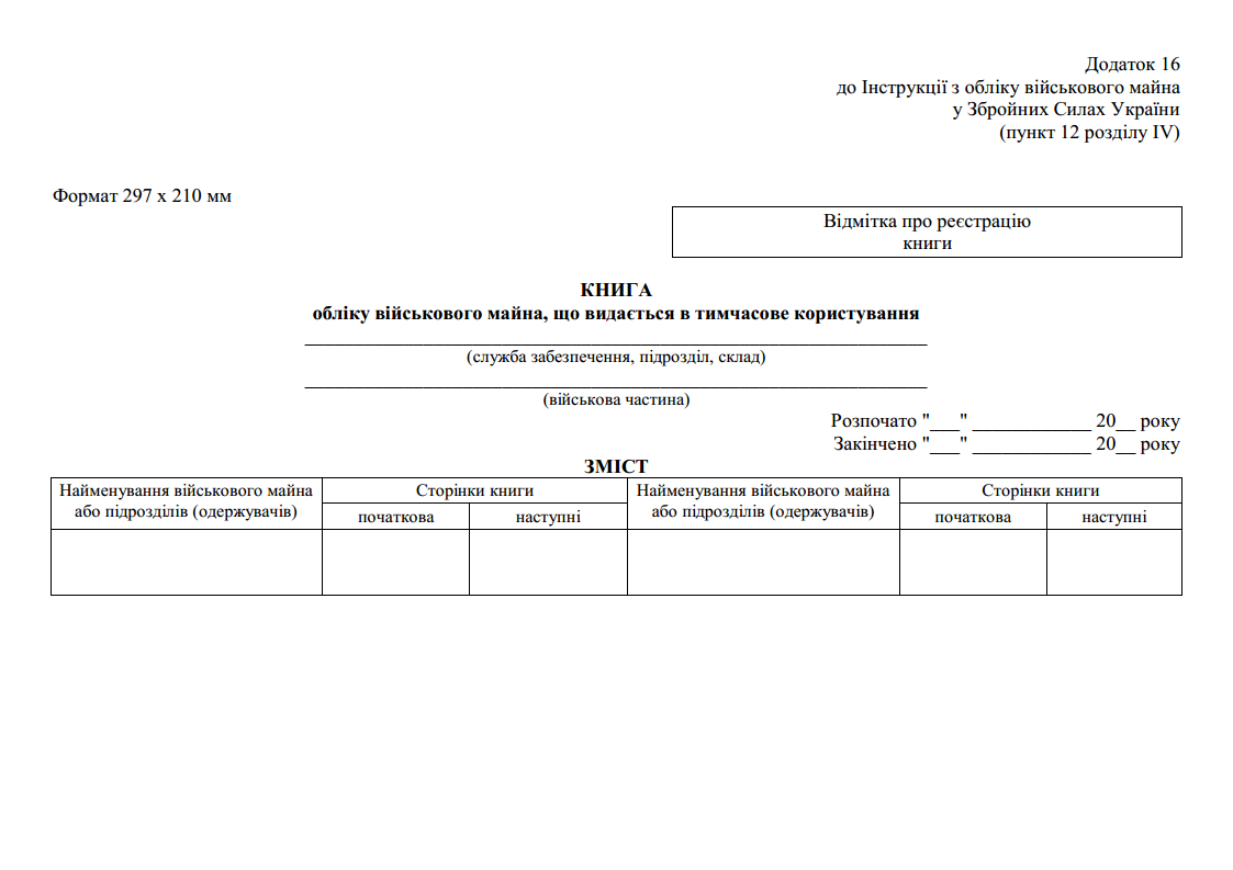 Kniga Obliku Vijskovogo Majna Sho Vidayetsya V Timchasove Koristuvannya